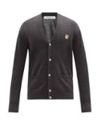 Mens Rtw Maison Kitsun - Fox Head-patch Wool Cardigan - Mens - Dark Grey