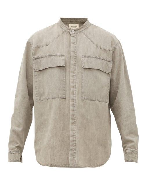 Matchesfashion.com Fear Of God - Collarless Denim Shirt - Mens - Light Grey