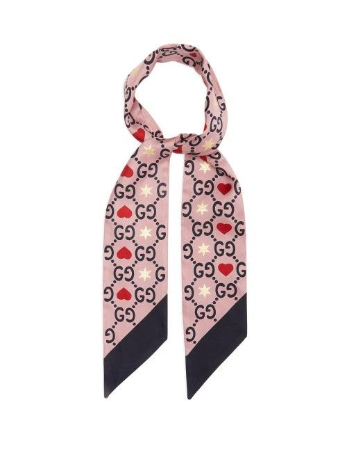 Gucci - Heart And Gg-print Silk-twill Scarf - Womens - Pink Multi