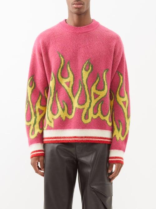 Palm Angels - Flames-jacquard Wool Sweater - Mens - Pink Yellow