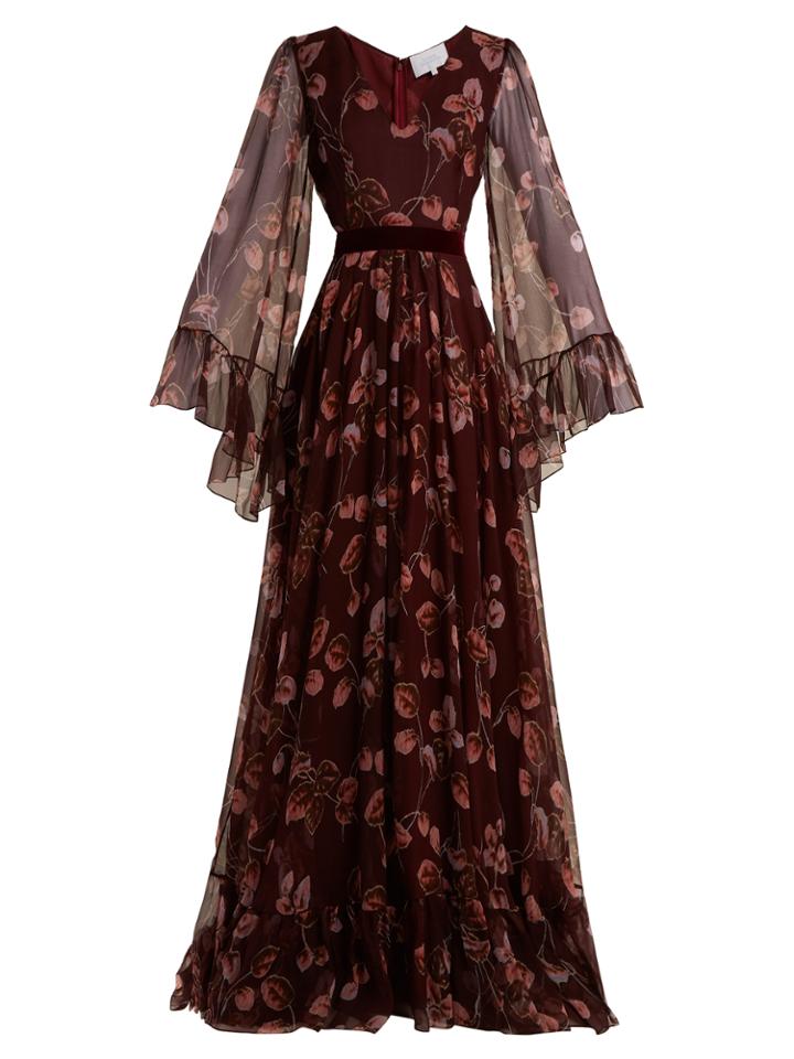 Luisa Beccaria V-neck Leaf-print Silk-crepe Gown