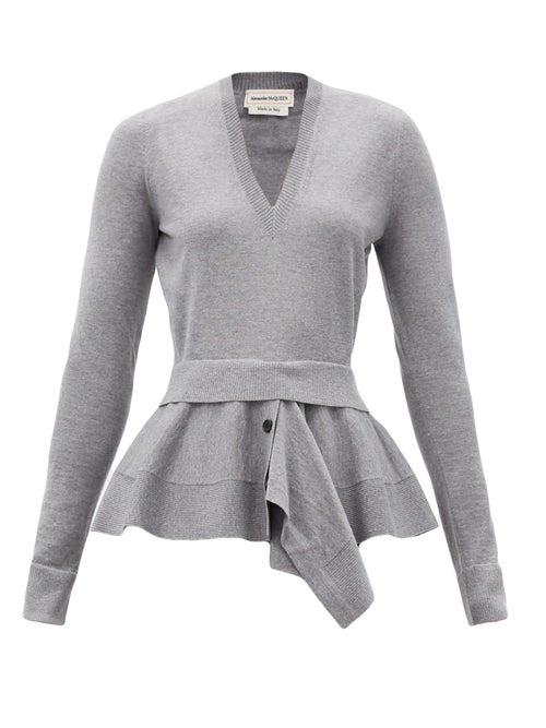 Matchesfashion.com Alexander Mcqueen - Peplum-panel Wool-blend Sweater - Womens - Grey