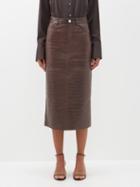 Frame - Croc-effect Leather Midi Skirt - Womens - Dark Brown