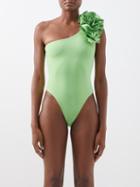 Maygel Coronel - Janina Ruffled One-shoulder Swimsuit - Womens - Green