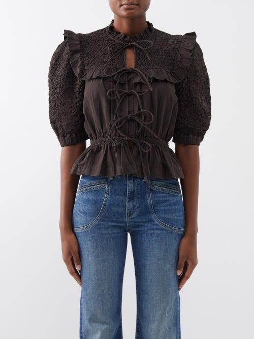 Sea - Casey Smocked-bib Cotton Blouse - Womens - Dark Brown