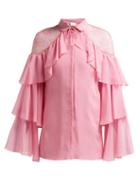 Matchesfashion.com Giambattista Valli - Lace Shoulder Ruffled Silk Blouse - Womens - Pink