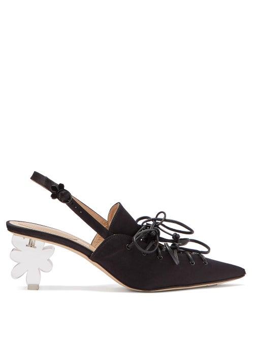 Matchesfashion.com Simone Rocha - Flower Heel Satin Slingback Pumps - Womens - Black