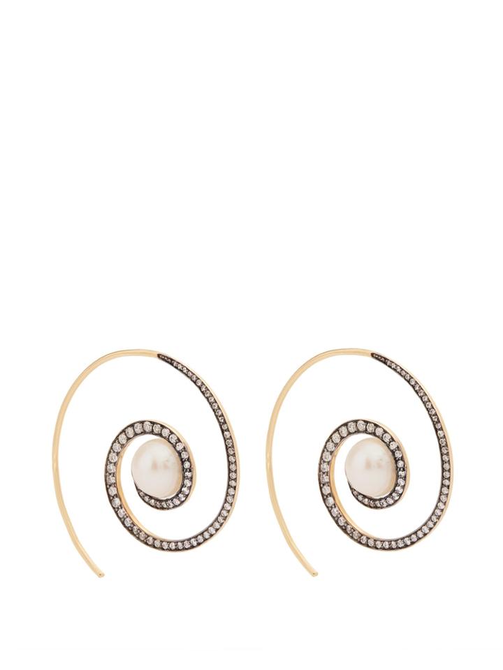 Noor Fares Spiral Moon 18kt Gold, Diamond & Pearl Earrings