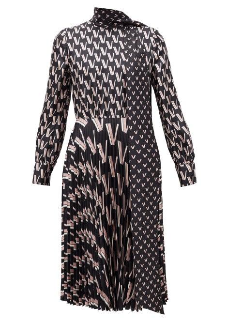 Matchesfashion.com Valentino - Pussy-bow V-print Silk-satin Dress - Womens - Black White