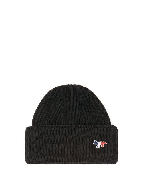 Matchesfashion.com Maison Kitsun - Tricolour Fox-patch Ribbed-wool Beanie - Mens - Black