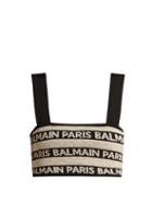 Matchesfashion.com Balmain - Logo Intarsia Stretch Knit Crop Top - Womens - Beige Multi