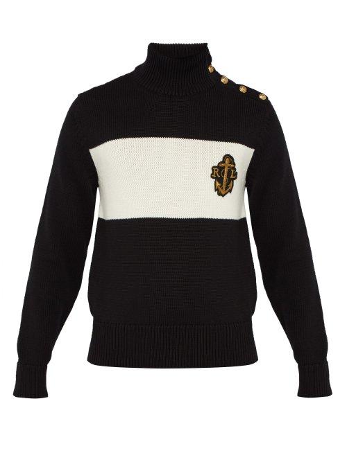 Matchesfashion.com Ralph Lauren Purple Label - Logo Embroidered Cotton Blend Sweater - Mens - Black Multi