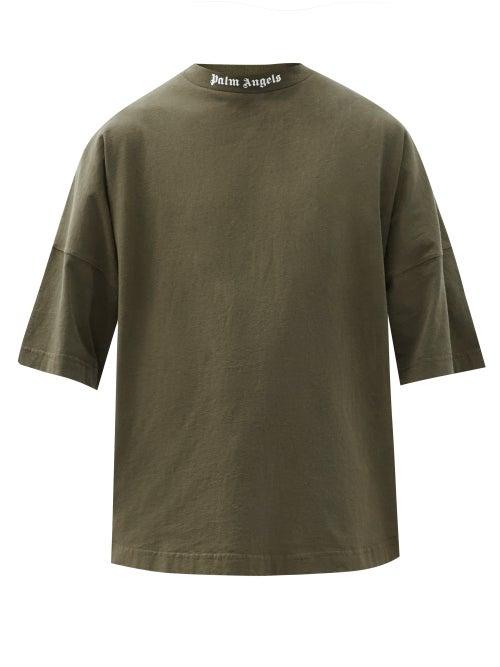 Matchesfashion.com Palm Angels - Logo-print Oversized Cotton-jersey T-shirt - Mens - Khaki