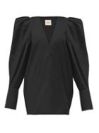 Matchesfashion.com Khaite - Connie V Neck Puff Sleeve Cotton Blouse - Womens - Black