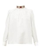 Matchesfashion.com Chlo - Embellished High Neck Logo Jacquard Silk Blouse - Womens - White Multi