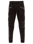 Matchesfashion.com Balmain - Distressed Straight Leg Biker Jeans - Mens - Black