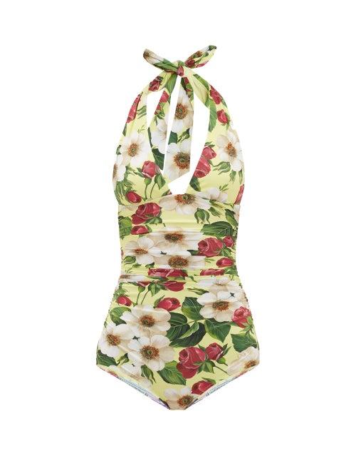 Matchesfashion.com Dolce & Gabbana - Halterneck Ruched Rose-print Swimsuit - Womens - Yellow Print