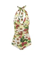 Matchesfashion.com Dolce & Gabbana - Halterneck Ruched Rose-print Swimsuit - Womens - Yellow Print