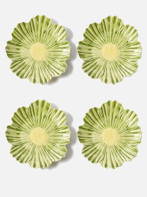 Bordallo Pinheiro - Set Of Four Daisy Earthenware Dessert Plates - Green Multi