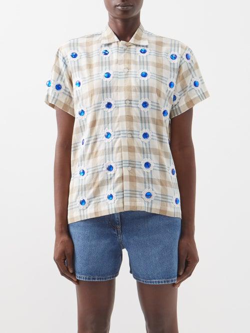 Bode - Crystal-embellished Cotton-madras Shirt - Womens - Beige Multi