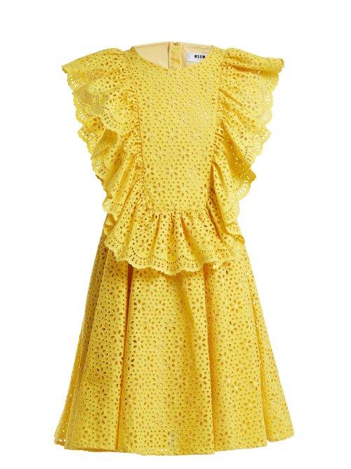 Matchesfashion.com Msgm - Ruffle Trimmed Broderie Anglaise Cotton Dress - Womens - Yellow