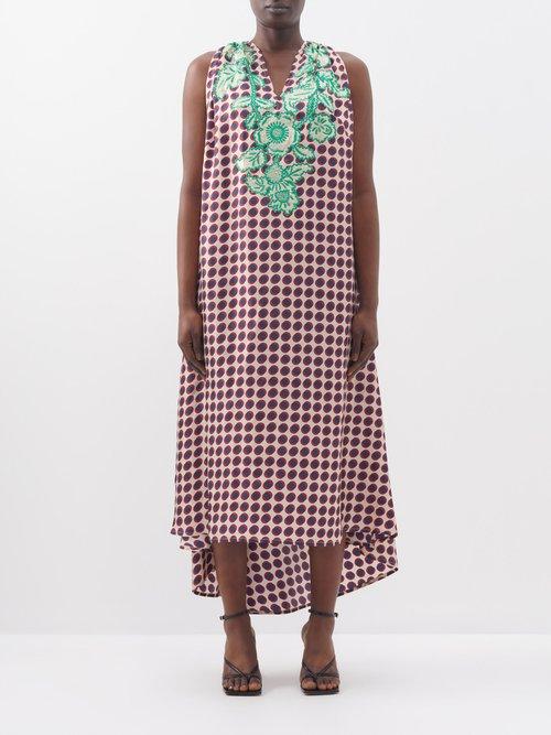 Biyan - Aulia Embroidered Polka-dot Silk-blend Dress - Womens - Navy Red