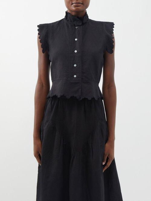 Thierry Colson - Yael Scalloped Cotton-poplin Tops - Womens - Black