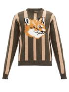 Matchesfashion.com Maison Kitsun - Fox Head-intarsia Striped Wool Sweater - Mens - Beige Multi