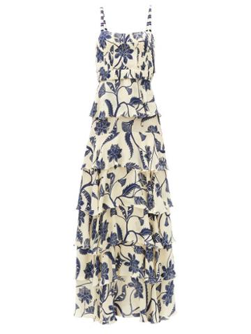 Matchesfashion.com Johanna Ortiz - Cat Goddess Tiered Floral-print Silk-blend Dress - Womens - Blue White