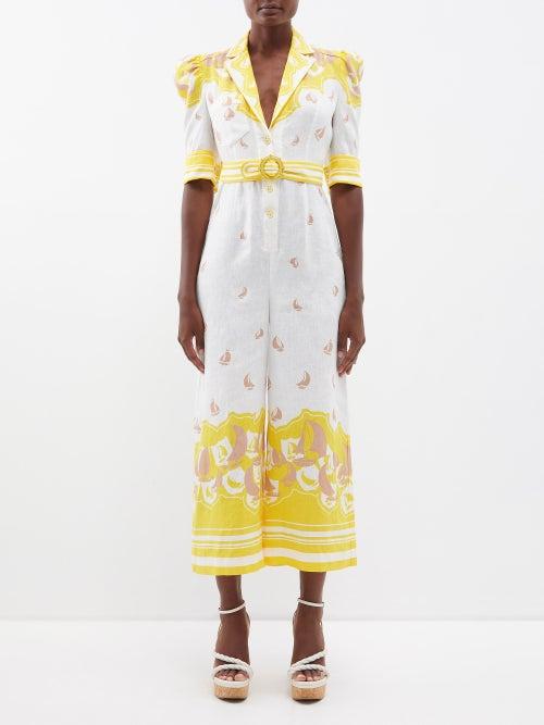 Zimmermann - Belted Puffed-sleeve Voile Jumpsuit - Womens - Yellow Multi