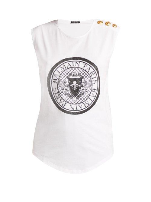 Matchesfashion.com Balmain - Glittered Coin Print Cotton Jersey Tank Top - Womens - White Black