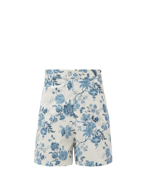 Matchesfashion.com The Vampire's Wife - The Persuasion Floral-print Cotton Shorts - Womens - Blue White