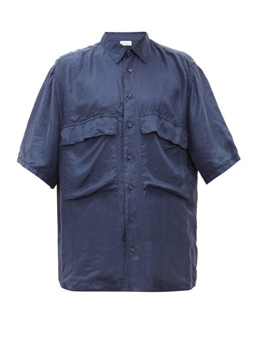 Matchesfashion.com Raey - Short Sleeved Silk Shirt - Mens - Dark Blue