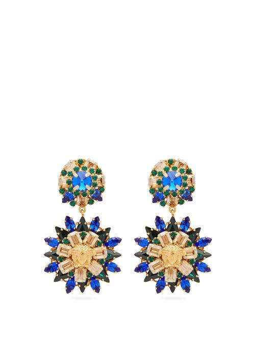 Matchesfashion.com Versace - Crystal Embellished Floral Drop Earrings - Womens - Blue