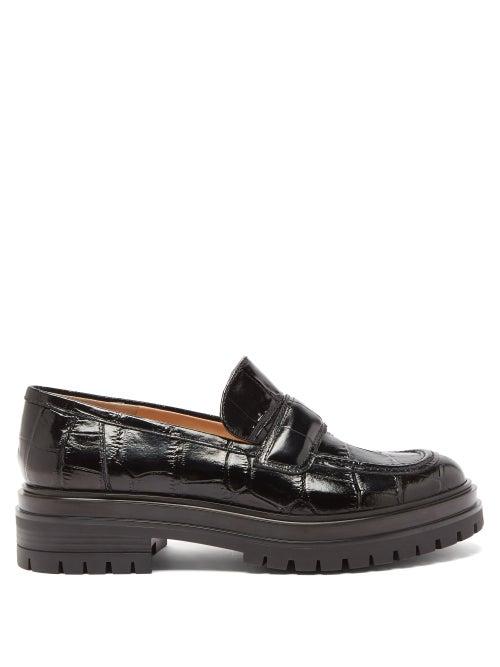 Ladies Shoes Gianvito Rossi - Argo Crocodile-effect Patent-leather Loafers - Womens - Black