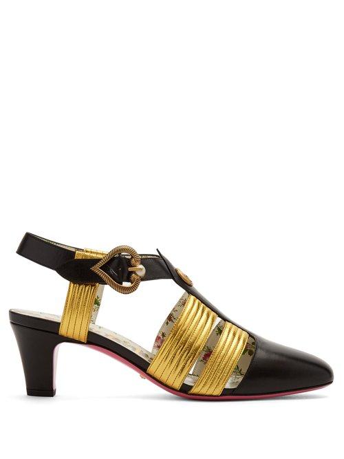Matchesfashion.com Gucci - Gea Logo Embellished Leather Pumps - Womens - Black Gold