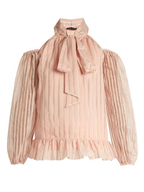 Anna October Striped-organdy Cold-shoulder Blouse