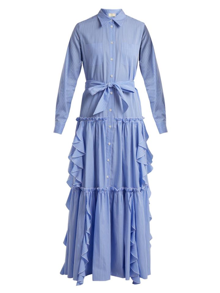 Sara Battaglia Ruffle-trimmed Striped Cotton Dress