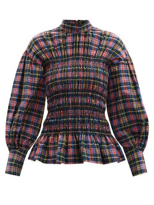 Ganni - Shirred Checked Organic-cotton Blend Top - Womens - Black Multi