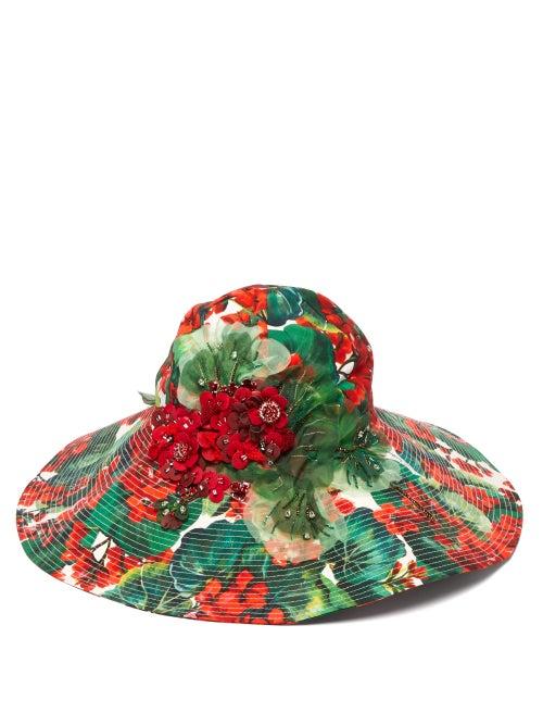 Matchesfashion.com Dolce & Gabbana - Geranium Embellished Wide Brim Cotton Hat - Womens - Red