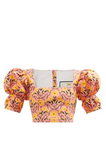 Agua By Agua Bendita - Bambu Puff-sleeve Floral-print Cotton Crop Top - Womens - Pink Multi