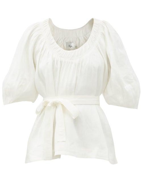 Matchesfashion.com Aje - Psychedelia Linen-blend Dupioni Belted Blouse - Womens - White