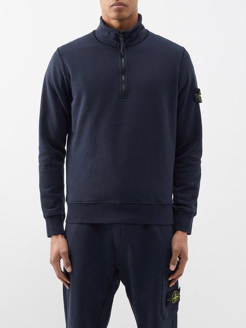 Stone Island - Stand-collar Quarter-zip Cotton-jersey Sweatshirt - Mens - Blue Navy