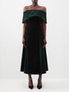 Emilia Wickstead - Carita Off-the-shoulder Velvet Midi Dress - Womens - Dark Green