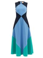 Matchesfashion.com Roksanda - Adabel Paneled-crepe Flared Midi Dress - Womens - Blue Multi
