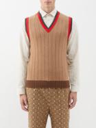Gucci - Stripe-trimmed Ribbed-knit Camel Sweater Vest - Mens - Camel