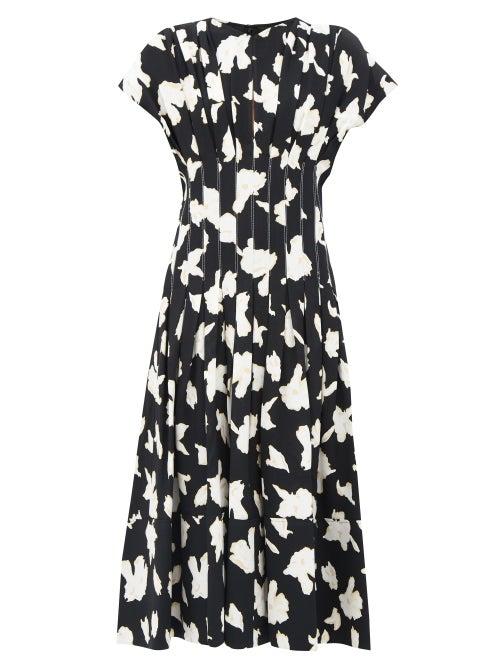 Matchesfashion.com Proenza Schouler - Pintucked-waist Pleated Floral-print Crepe Dress - Womens - Black Multi