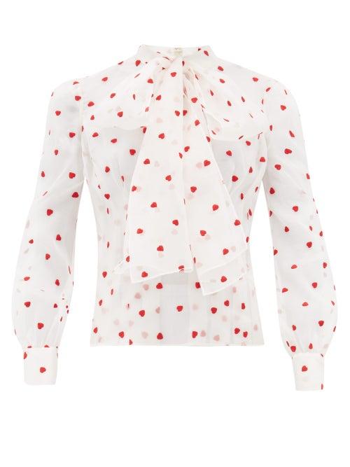 Matchesfashion.com Brock Collection - Pussy Bow Heart Embroidered Silk Blend Blouse - Womens - Ivory Multi