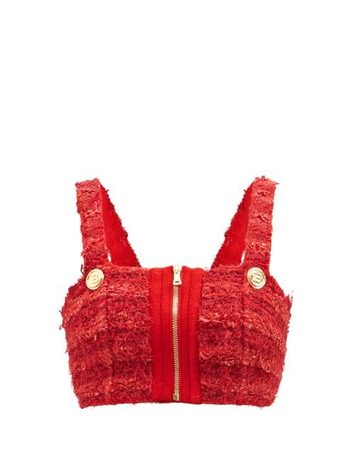 Balmain - Square-neck Tweed Crop Top - Womens - Red