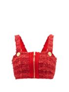 Balmain - Square-neck Tweed Crop Top - Womens - Red